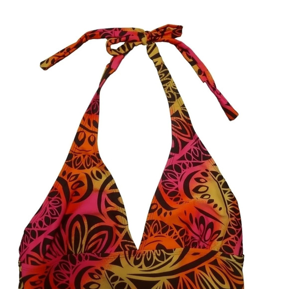 Aquafunky Tankini Tropical/Aztec Print Colorful Pink Orange Yellow Black Halter - Picture 2 of 8